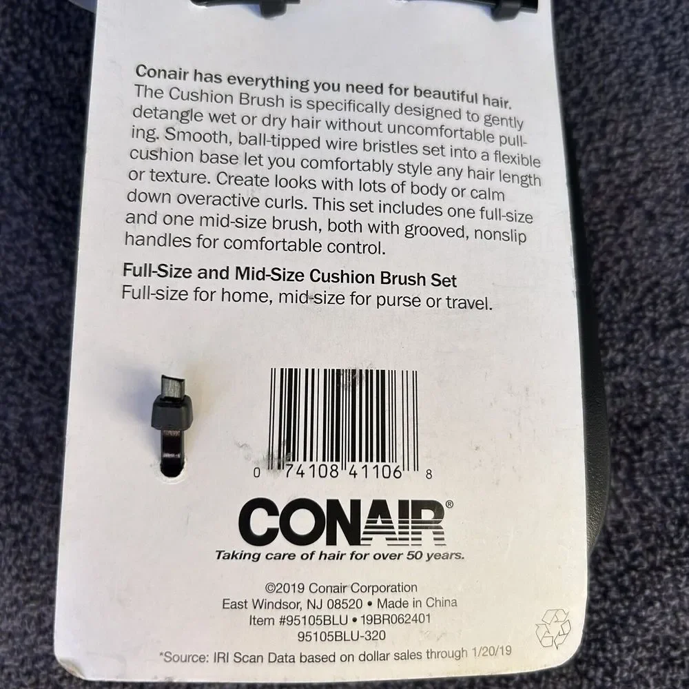 Conair Hair Brush Set Detangle & Style Full & Mid Size Cushion Brush Blue Black